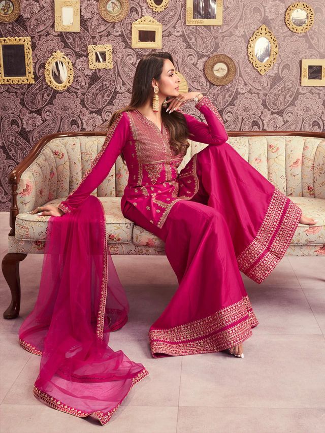 Pink Color Beautiful Readymade Dress On Chanderi Fabric For Graceful Girlie Looks