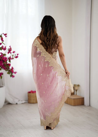 Pink Color Fendy Chiffon Fabric Beautiful Embroidered Saree