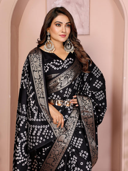 Black Pure Bandhej Silk Saree With Zari Weaving Work