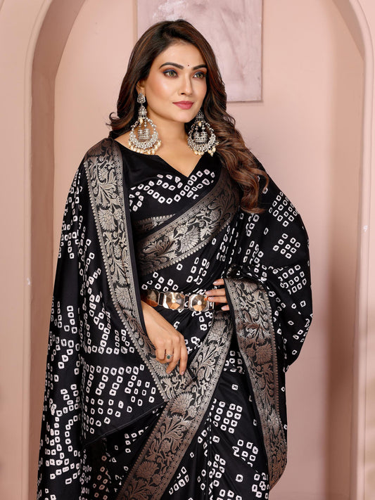 Black Pure Bandhej Silk Saree With Zari Weaving Work