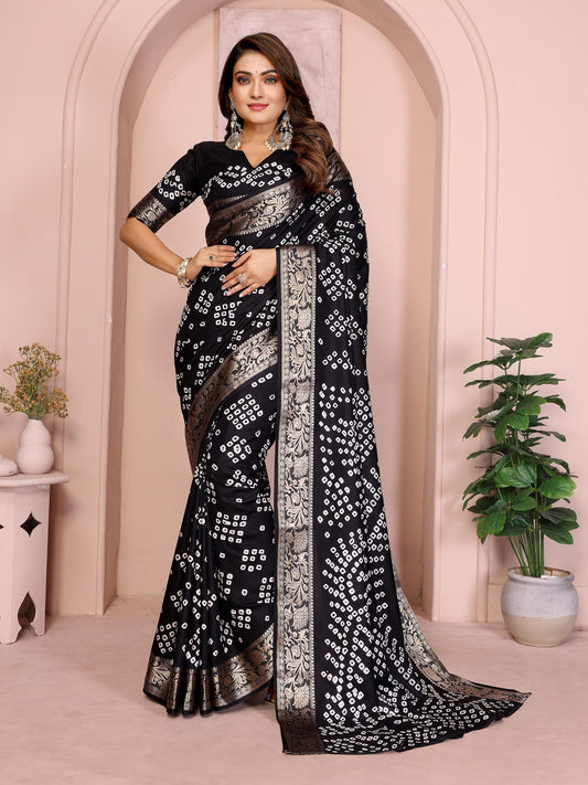 Black Pure Bandhej Silk Saree With Zari Weaving Work