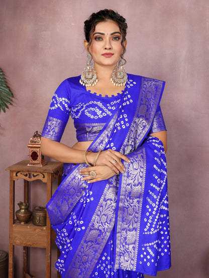 Blue Pure Bandhej Silk Saree With Zari Weaving Work