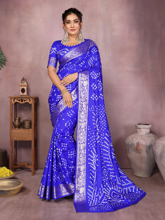 Blue Pure Bandhej Silk Saree With Zari Weaving Work