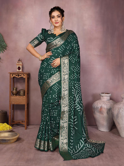 Dark Green Pure Bandhej Silk Saree With Zari Weaving Work