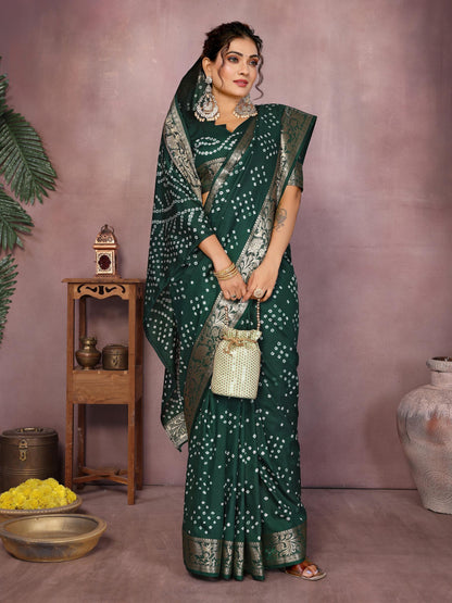 Dark Green Pure Bandhej Silk Saree With Zari Weaving Work