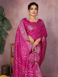 Magenta Pure Bandhej Silk Saree With Zari Weaving Work