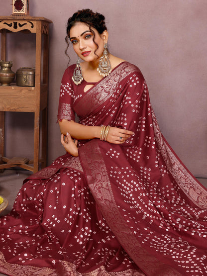 Maroon Pure Bandhej Silk Saree With Zari Weaving Work