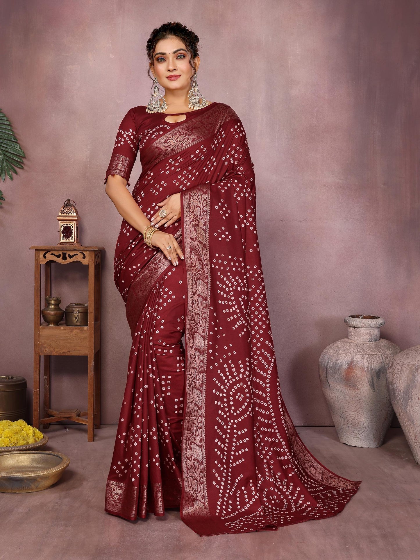 Maroon Pure Bandhej Silk Saree With Zari Weaving Work