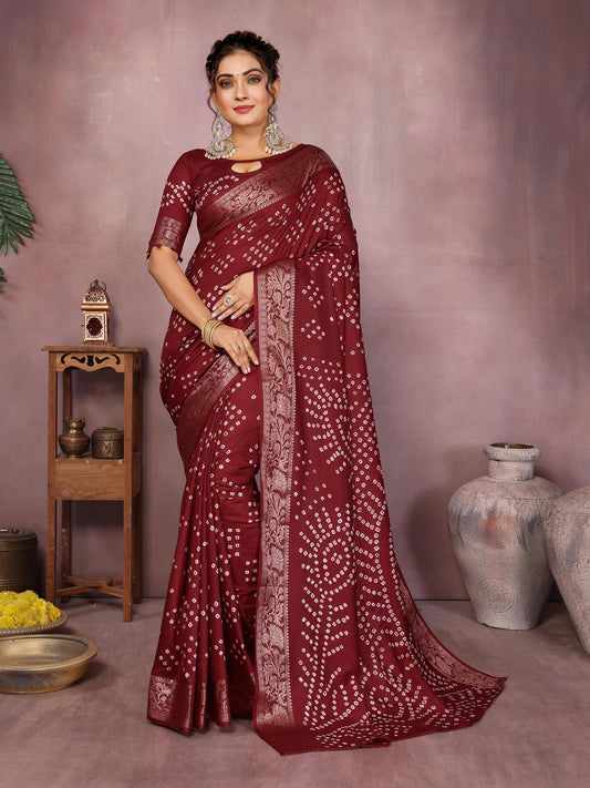 Maroon Pure Bandhej Silk Saree With Zari Weaving Work