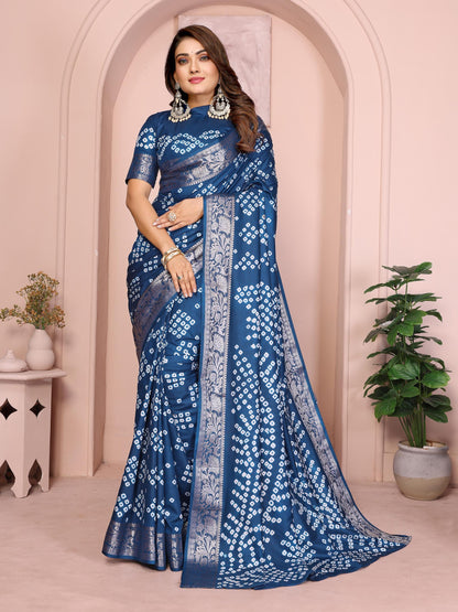 Navy Pure Bandhej Silk Saree With Zari Weaving Work