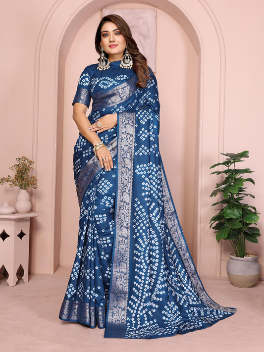 Navy Pure Bandhej Silk Saree With Zari Weaving Work