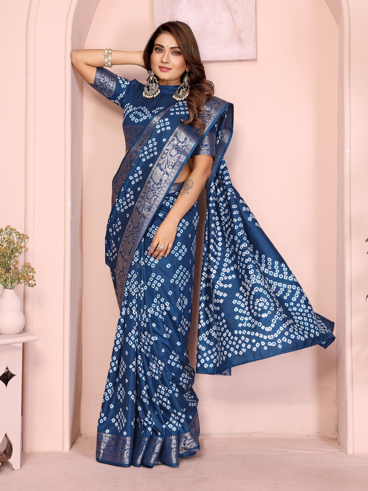 Navy Pure Bandhej Silk Saree With Zari Weaving Work