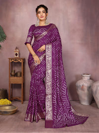 Purple Pure Bandhej Silk Saree With Zari Weaving Work