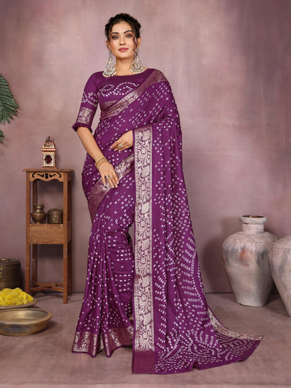 Purple Pure Bandhej Silk Saree With Zari Weaving Work