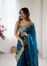 Teal Color Fendy Chiffon Fabric Beautiful Embroidered Saree