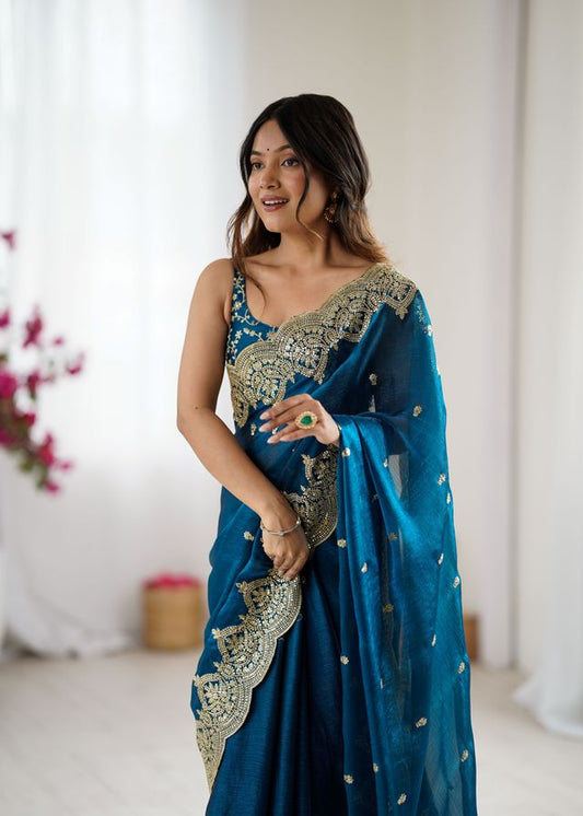 Teal Color Fendy Chiffon Fabric Beautiful Embroidered Saree
