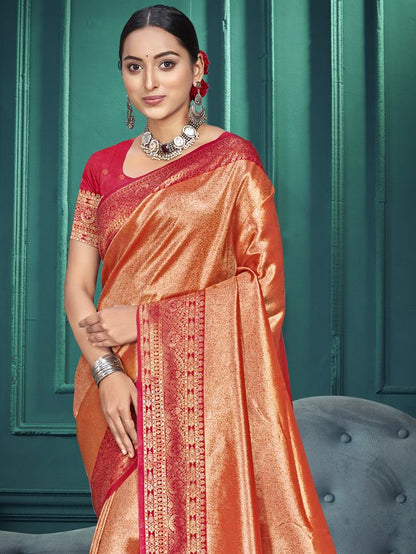 Peach Color Traditional Kanjivaram Silk Saree With Beautiful Woven Designer