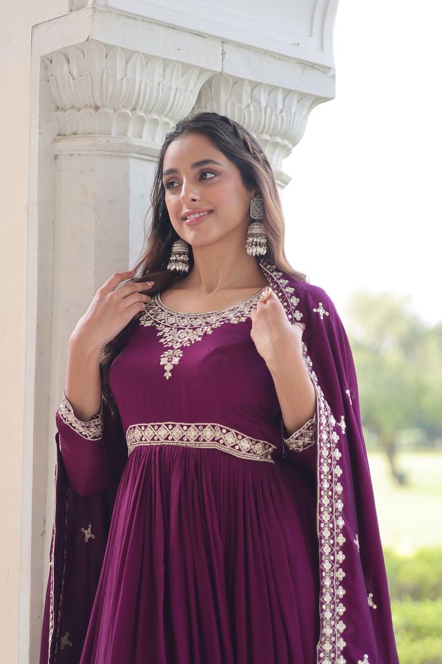 Purple Color Heavy Embroidered Ethnic Beautiful Gown With Dupatta