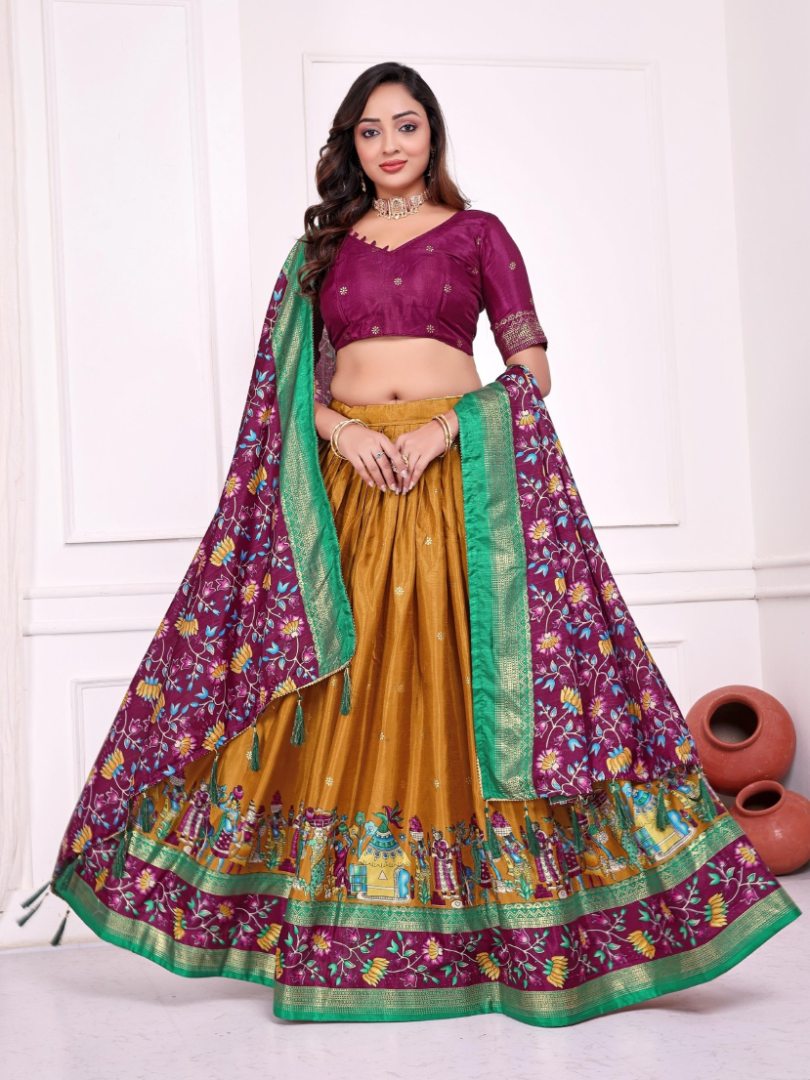 Mustard patola print dola silk semi stitched lehenga choli with tassels