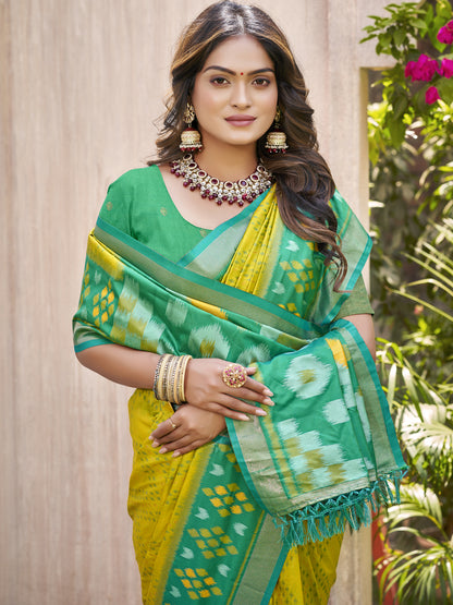 Mustard Pochampalli Silk Saree with Floral Printed Work with Blouse