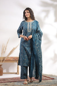 Blue Color Cotton Fabric Stylish And Trendy Kurta Set For Ethnic Girls Blue Color