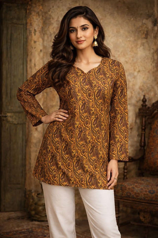 Orange Color Designer Digital Printed Muslin Fabric Foral Ethnic Kurta
