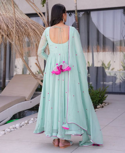 Sea Green Color Beautiful Readymade Dress On Georgette Fabric For Graceful Girlie Looks