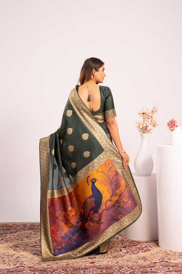 Green Color Banarasi Silk Fabric Designer Partywear Saree