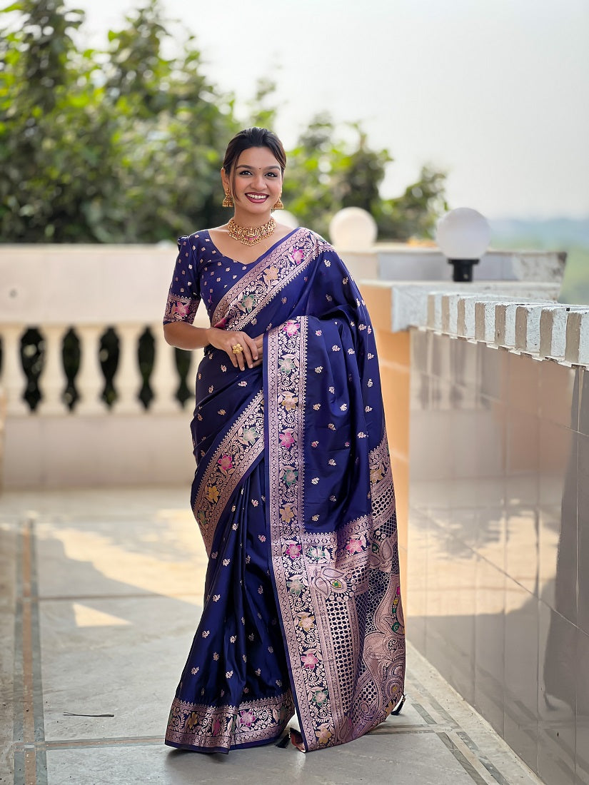 Navyblue Soft Banarasi Silk Meenakari Weaving Saree With Unstitched Blouse