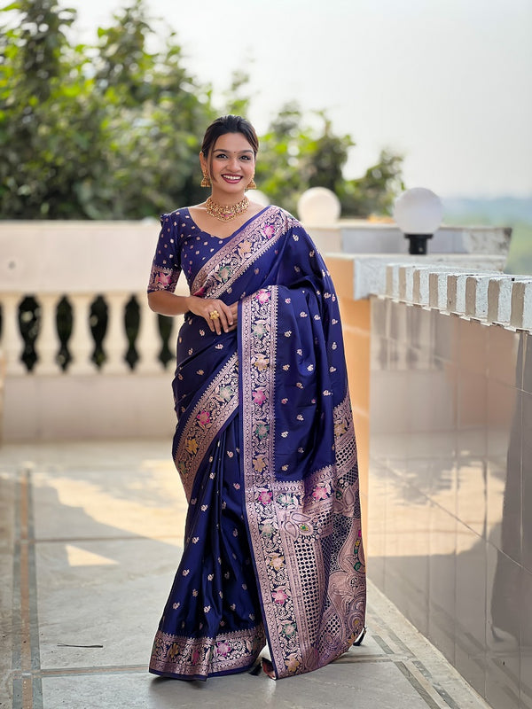 Navyblue Soft Banarasi Silk Meenakari Weaving Saree With Unstitched Blouse