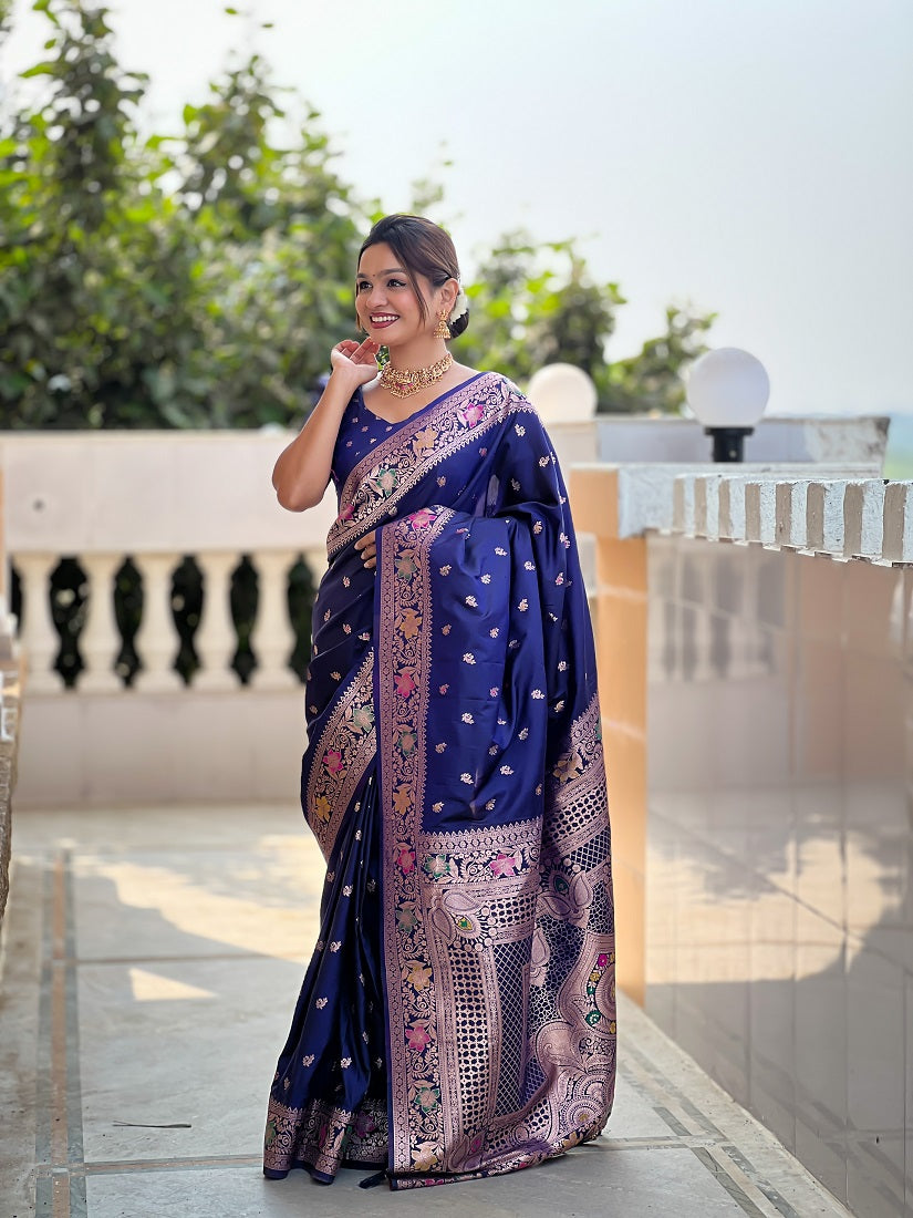 Navyblue Soft Banarasi Silk Meenakari Weaving Saree With Unstitched Blouse