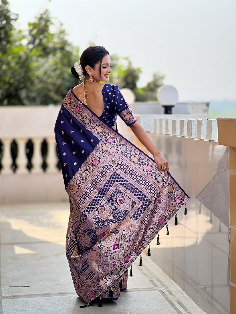 Navyblue Soft Banarasi Silk Meenakari Weaving Saree With Unstitched Blouse