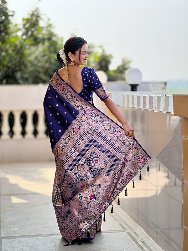 Navyblue Soft Banarasi Silk Meenakari Weaving Saree With Unstitched Blouse