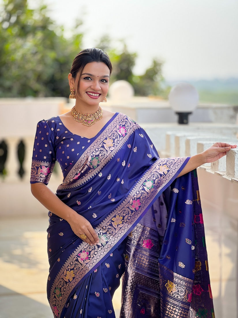 Navyblue Soft Banarasi Silk Meenakari Weaving Saree With Unstitched Blouse