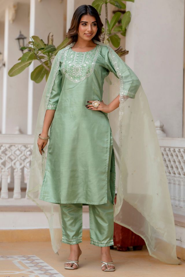Pista Color Designer Embroidered Silk Blend Ethnic Festive Special Suit