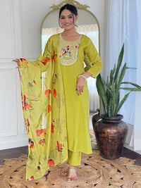 Liril Embroidered Rayon Fabric Straight Kurta, Pant and Dupatta Set