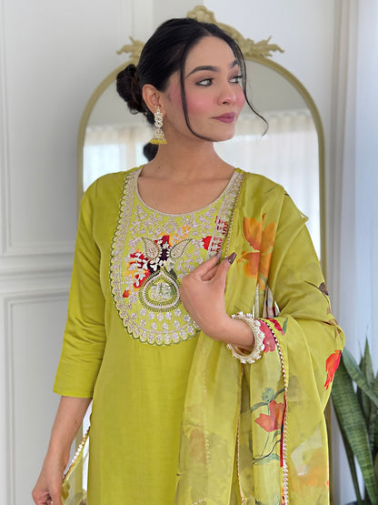 Liril Embroidered Rayon Fabric Straight Kurta, Pant and Dupatta Set