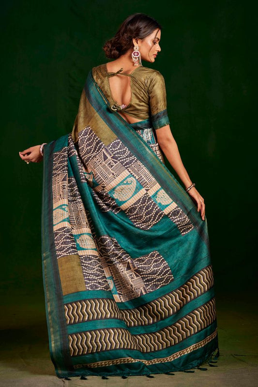 Parrot Green Color Gathan Silk Fabric Designer Digital Printed Partywear Saree