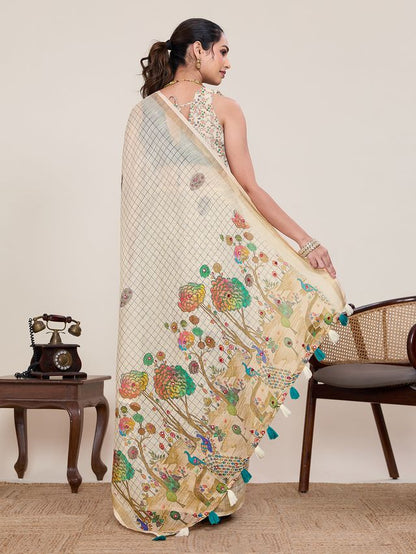 White Color Linen Silk Fabric Ethnic Partywear Saree