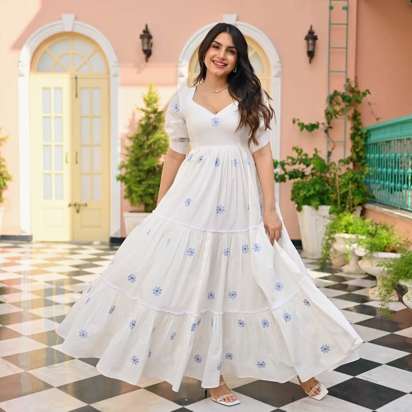 Women's Gorgeous Thread work Cotton Rayon Fabric Flared Dress Nova
