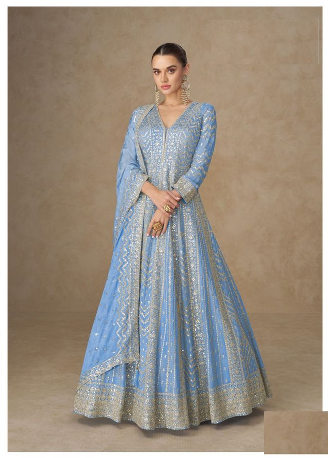 Light Blue Chinon Silk Gowns Full Size Free size Upto 42