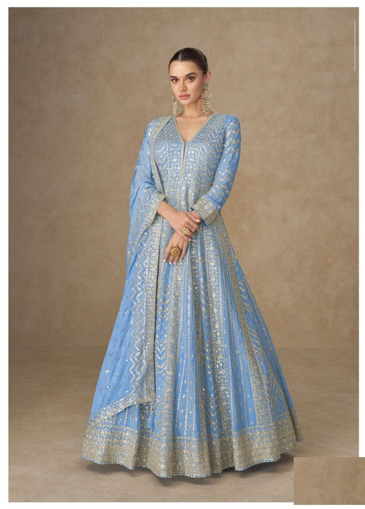 Light Blue Chinon Silk Gowns Full Size Free size Upto 42