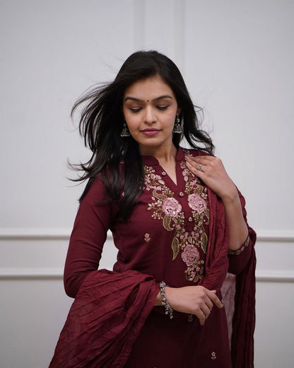 Maroon Color Ethnic Cotton Silk Fabric Readymade Kurta Set With Dupatta