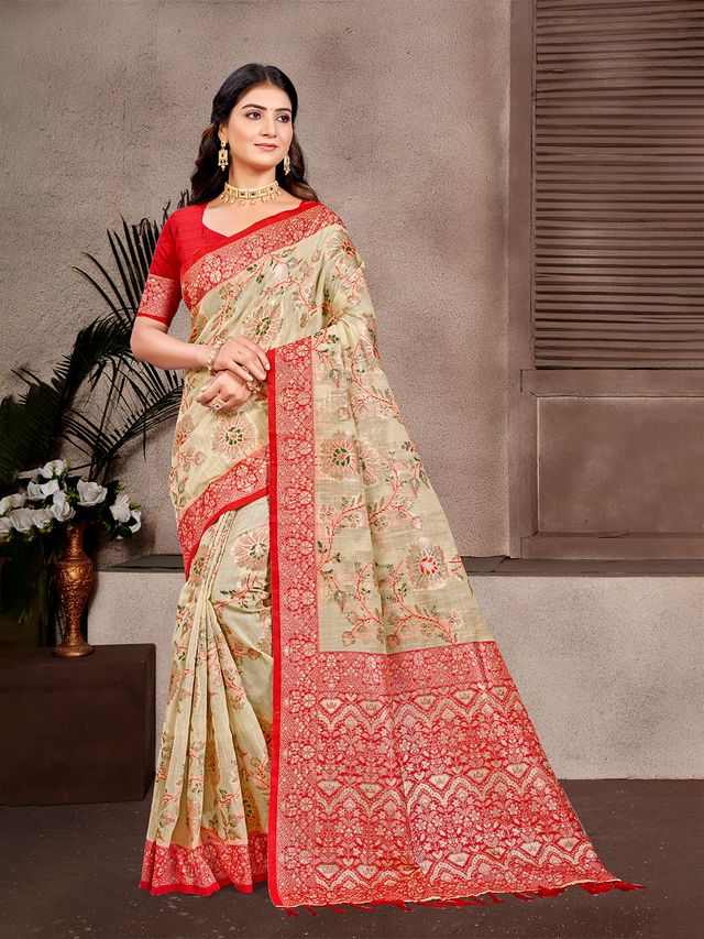 Beige Color Cotton Silk Fabric Woven Meenakari Designer Partywear Saree