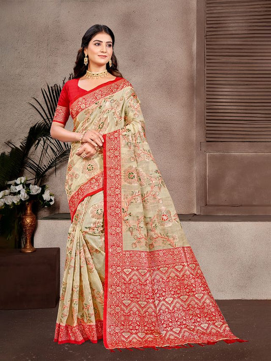 Beige Color Cotton Silk Fabric Woven Meenakari Designer Partywear Saree