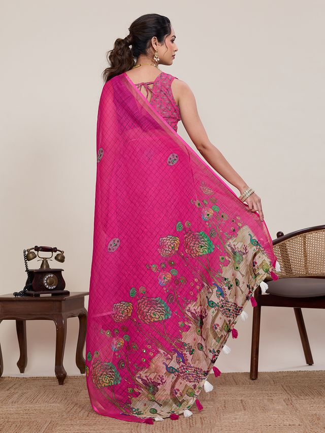 Pink Color Linen Silk Fabric Ethnic Partywear Saree