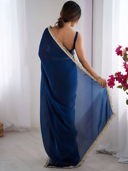 Blue Color Space Silk Fabric Saree With Zalar Lace Border Ethnic Girlie Saree
