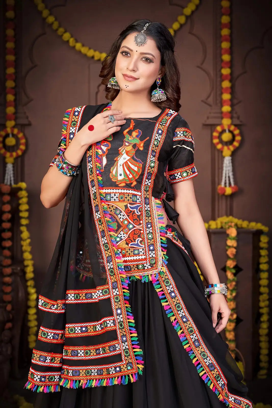 Designer Navratri Lehenga Choli with Multicolor Mirror Work Blouse