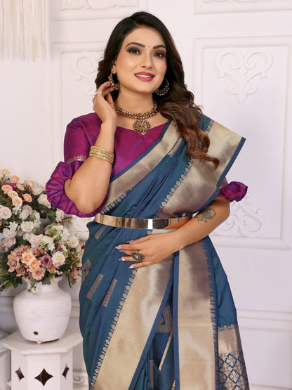 Navy Blue Soft Silk With Zari Weaving Borders Saree With Blouse