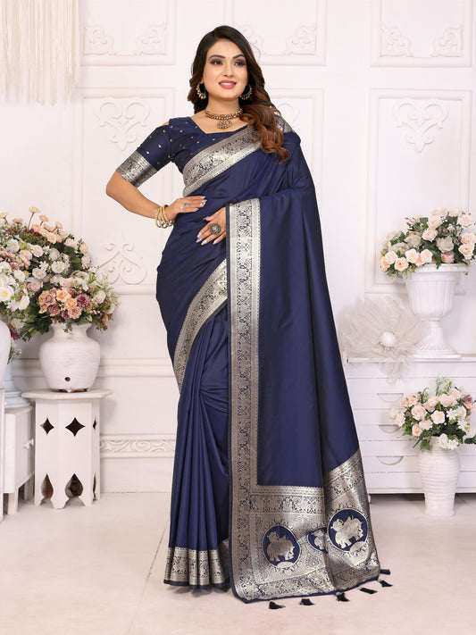 Navy Blue Banarasi Silk With Beautiful Gala Weaving Saree With Blouse